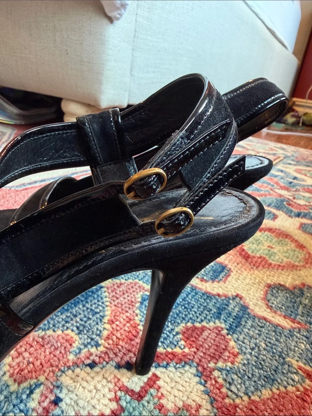 Saint Laurent Black Suede and patent leather accent Crisscross Strap Heels